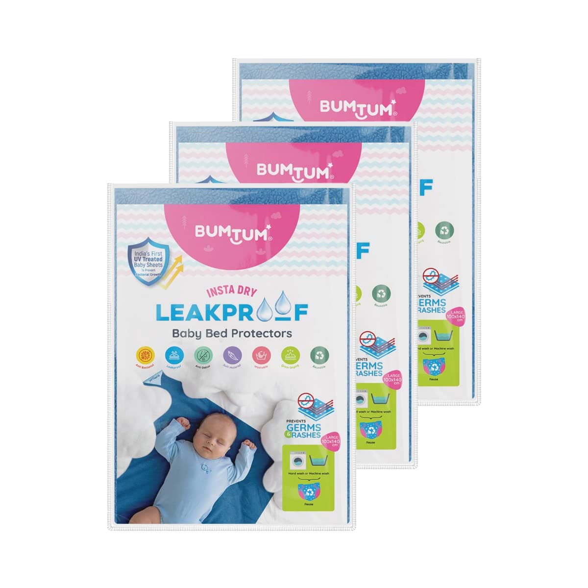 Bumtum Baby Dry Sheet Waterproof Soft Fleece Baby Bed Protector Anti Bacterial Odour Free Extra Absorbant Reuseable Washable Aqua Blue Large Size 100 140cm Pack of 3