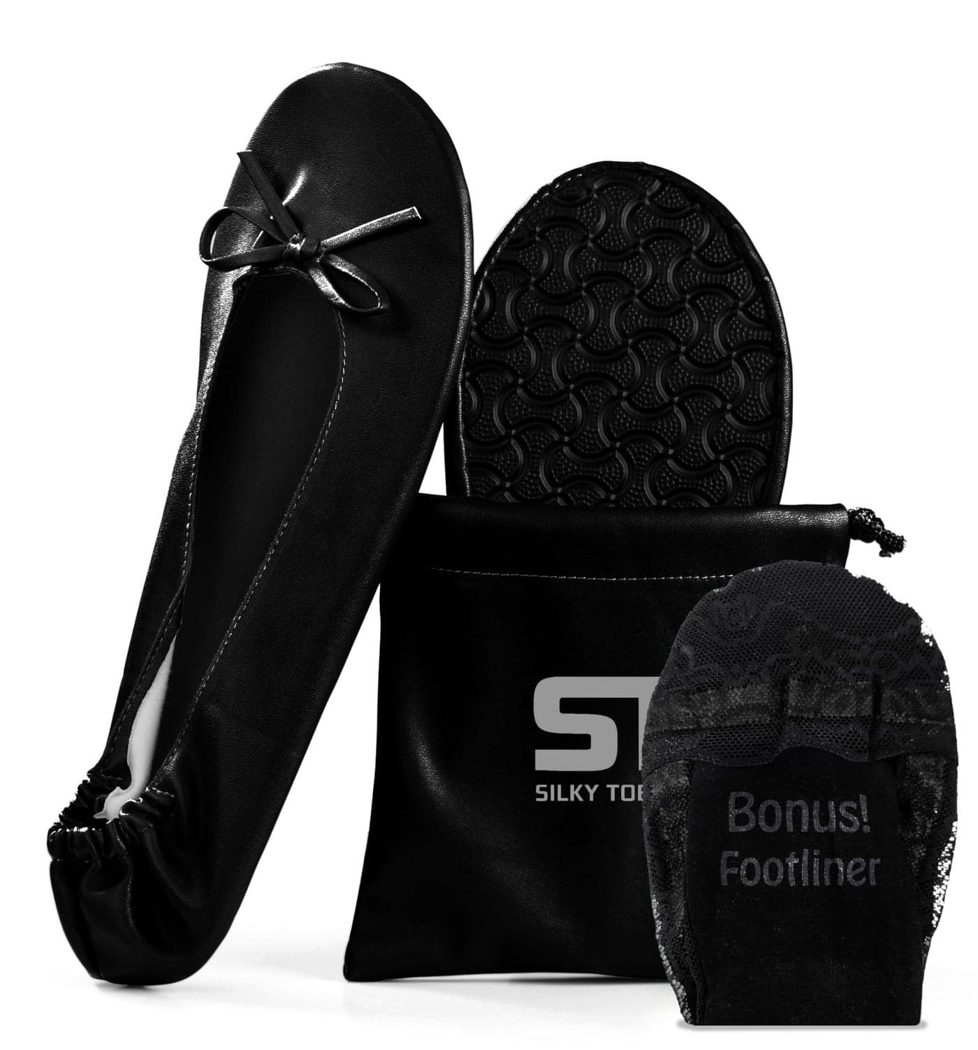 Silky Toes Foldable Flats for Women Purse Ballet Shoes Ballerina Slippers Black