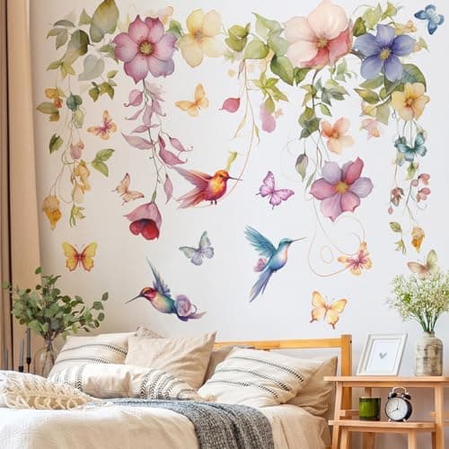 DRWSSR 2 Sheets Hanging Removable DIY Colorful Flower and Vines Wall Decal Watercolor Butterflies and Birds Wall Art for Girls Bedroom Living Room Bathroom Decor