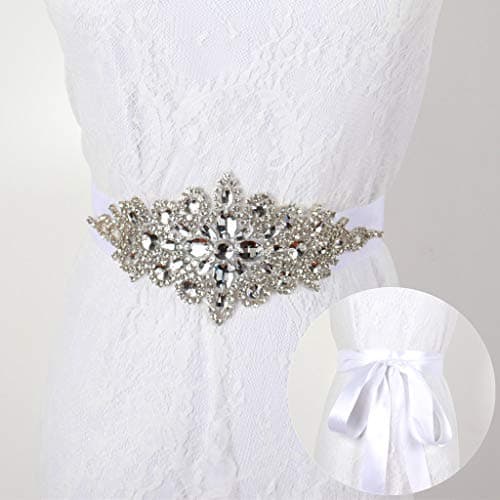 DUOBAO Crystal Rhinestone Applique Silver Wedding Sash Bridal Belts Pearl Appliques Handmade Rhinestones Belt with Two 300cm Ribbons for Prom Bridesmaid Dress98INx36IN245cm x 9cm