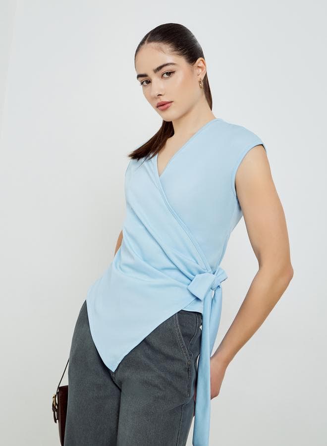 Blue Sleeveless Tie-Waist Wrap Top