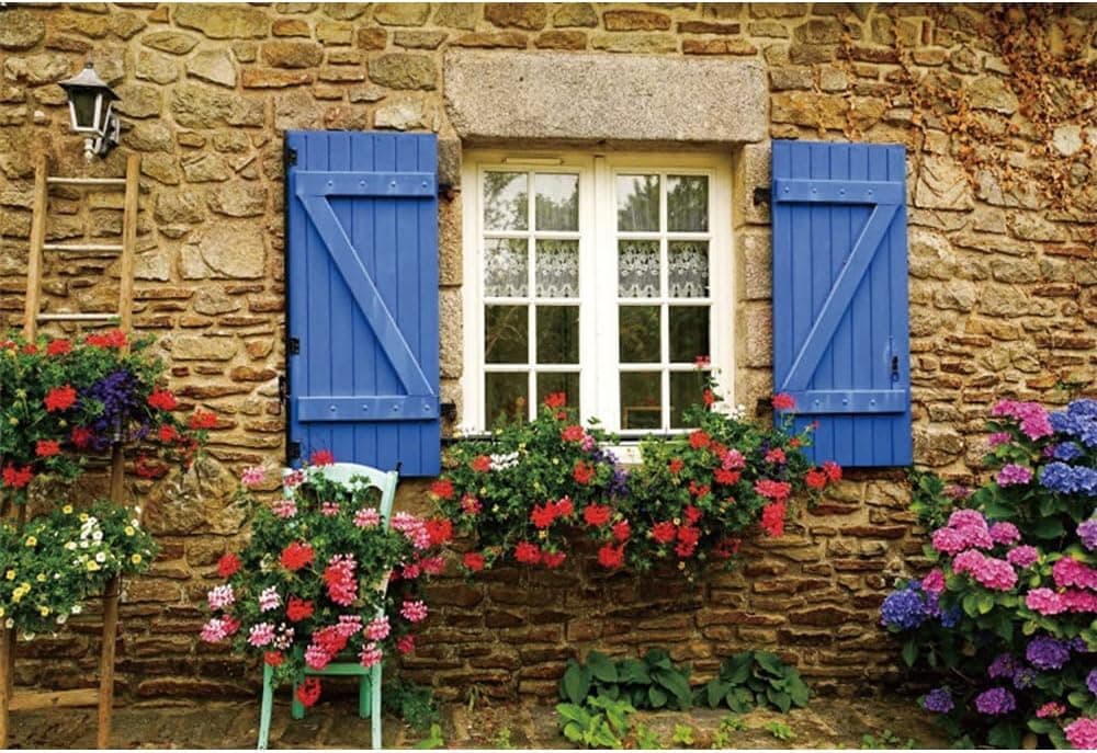 Laeacco 7x5ft Italy Street Backdrop Flower Window Scene Mediterranean Towns Alley Vintage Brick Stone Wall Photography Background European Travel Hiking Party Cake Table Banner Photo Booth Props