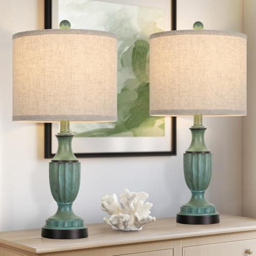 TOBUSA Farmhouse Living Room Table Lamps Set of 2, Green Rustic Vintage Table Lamps for Bedroom Nightstand, Antique Bedside Desk Lamps with Linen Shade, 22’’ Traditional Resin Lamp Sets for End Table