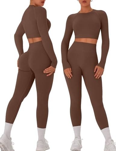 OLCHEE Womens Workout Sets 2 Piece Seamless Long Sleeve Crew Neck Crop Top Shirts Scrunch Butt Leggings Gym Yoga Outfits - Brown Small
