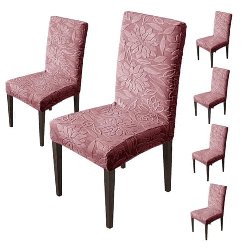 House of Quirk Stretchy Universal Camellia Jacquard Waterproof Chair Cover Removable & Washable Short Dining Chair Cover Protector Seat Slipcover (Maroon,Pack of 6)