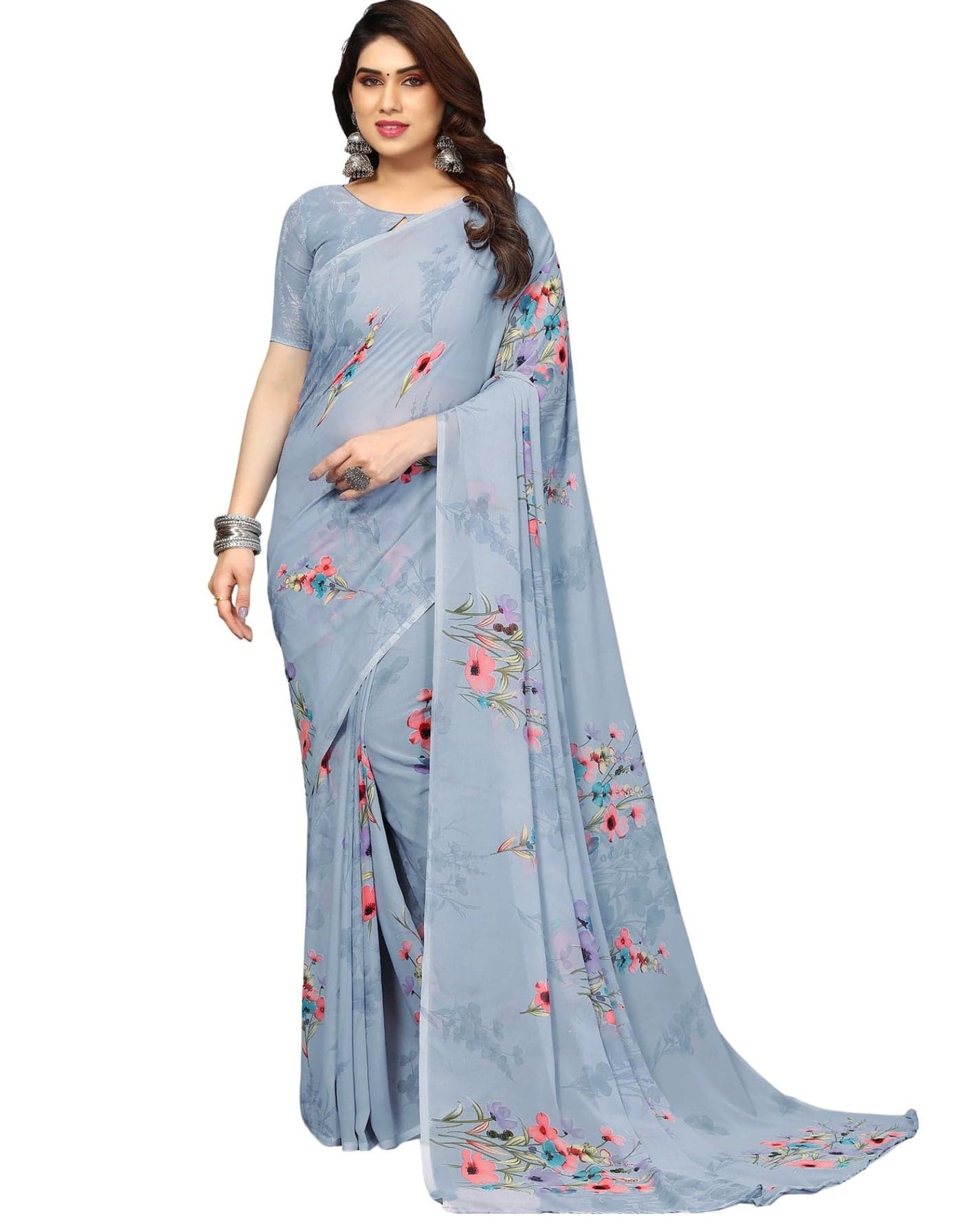 SIRIL Polyester Women's Geoegette Floral Printed Saree With Unstitched Blouse Piece (3112S2152A_Grey)