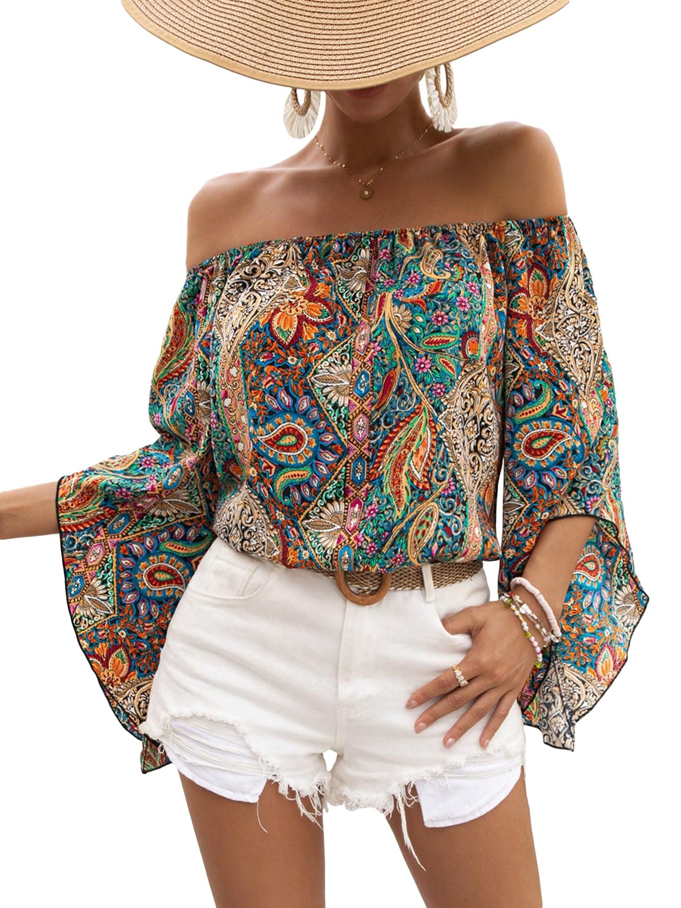 Floerns Women's Boho Off Shoulder 3/4 Bell Sleeve Summer Blouse Top Multi Paisley M