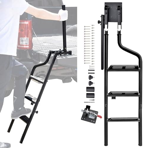 POKIAUTO 42 Foldable Pickup Truck Tailgate Ladder with Grab Handle Heavy Duty Universal Folding Tailgate Step Ladder with Handrail for Pickup Truck F150 RAM 1500 etc Accessories