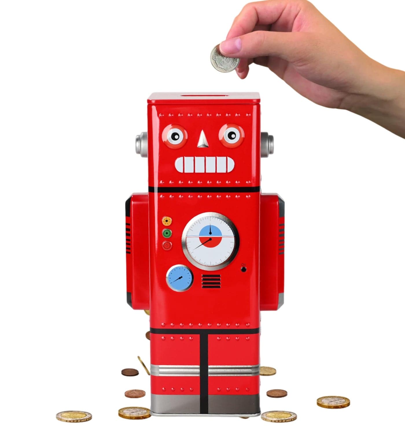 FunBlast Piggy Bank for Kids – Robot Piggy Bank, Money Saving Tin Coin Bank, Gullak for Kids – Birthday Return for Boys & Girls, Money Bank, Coin Box for Kid, Metal Coin Box (Red)