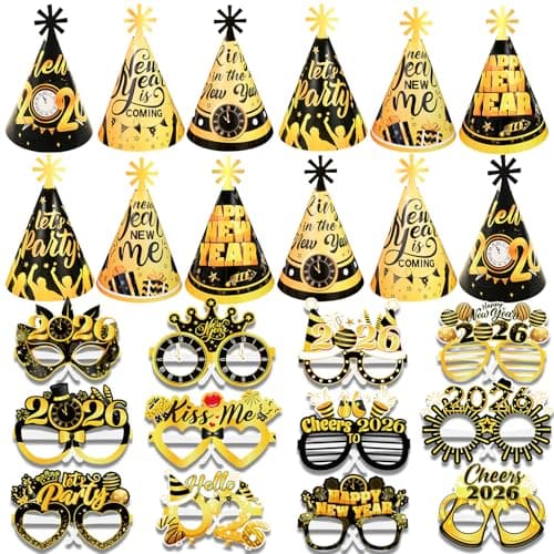HOWAF 36pcs Black Gold New Years Eve Party Supplies 2026 NYE Party Favors New Years Eve Hats Paper Cone Hats Happy New Year 2026 Glasses New Years Eve Accessories Kit for New Years Decorations 2026