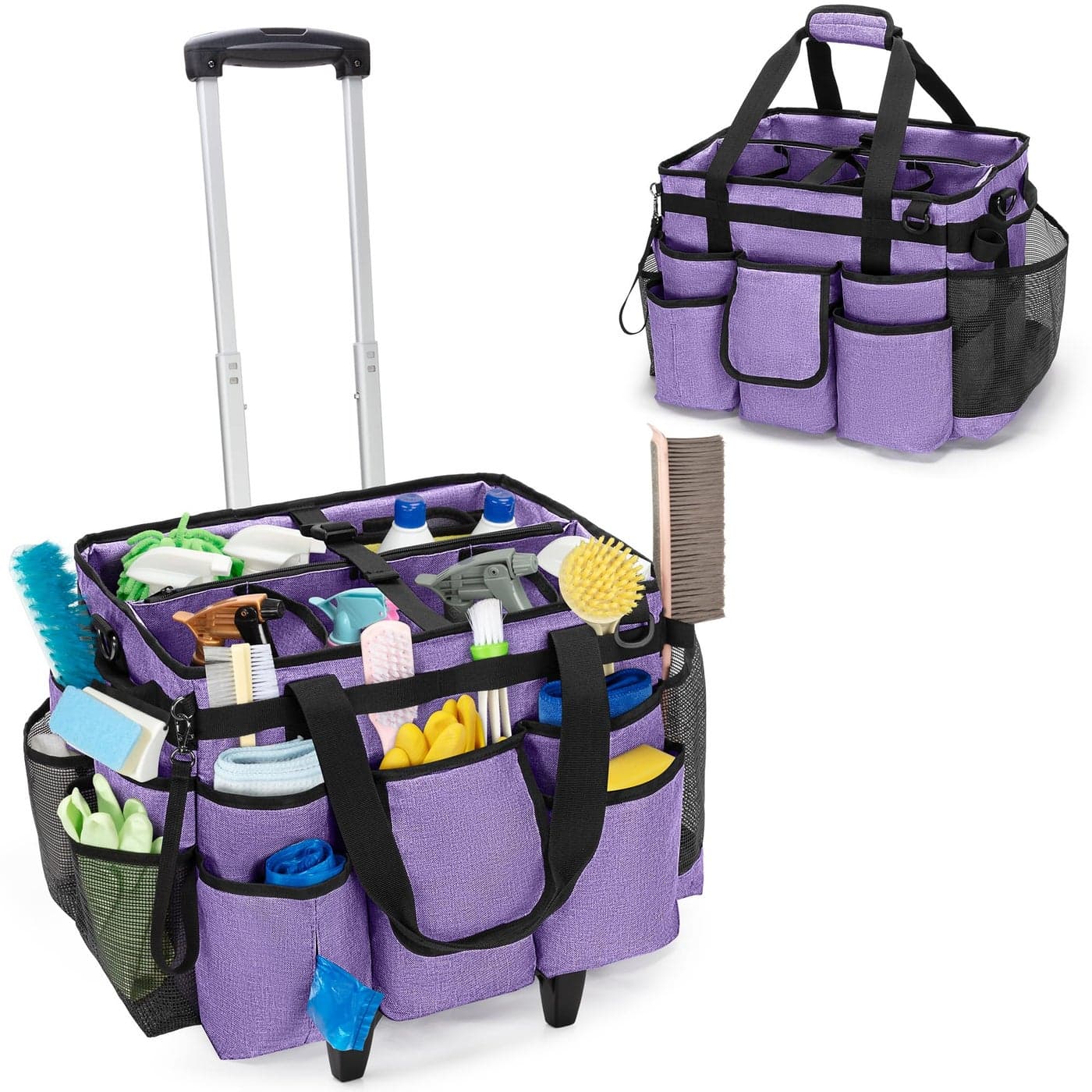 LoDrid Rolling Cleaning Bag with Detachable Trolley Professional Cleaning Caddy with Shoulder Strap for Housekeepers Portable Cart on Wheels for Supplies Purple Patent Design