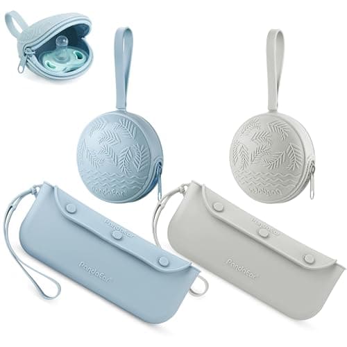 PandaEar 4 Pack Pacifier Holder Case Set 2 Pack Silicone Portable Travel Pacifier Pouch 2 Pack Silicone Baby Cutlery Holder Bags BPA Free Universal Accessories Holders Light BlueGrey