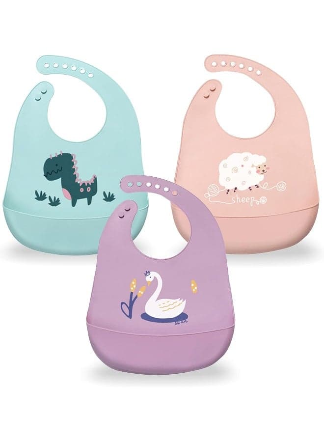 Silicone Baby Bibs with Food Catcher (Set of 3) - BPA Free Plastic, Durable and Adjustable Bib - Silicone Bibs for Babies, Toddlers, Boys, and Girls