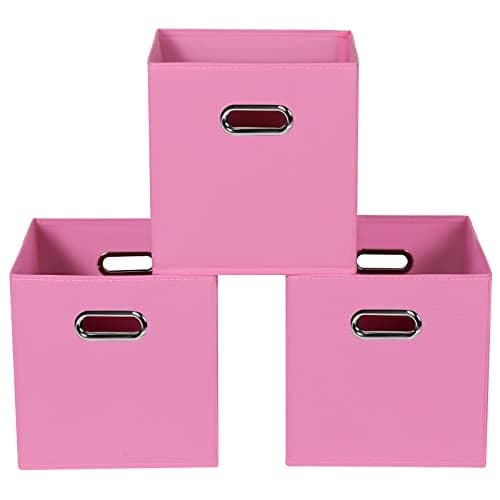 Yunkeeper Fabric storage bins Cubes Fabric Cube Organizer with Handle Foldable Cube Bins for Cloth or Accessary Storage 11x11x11 Set of 3 Pink