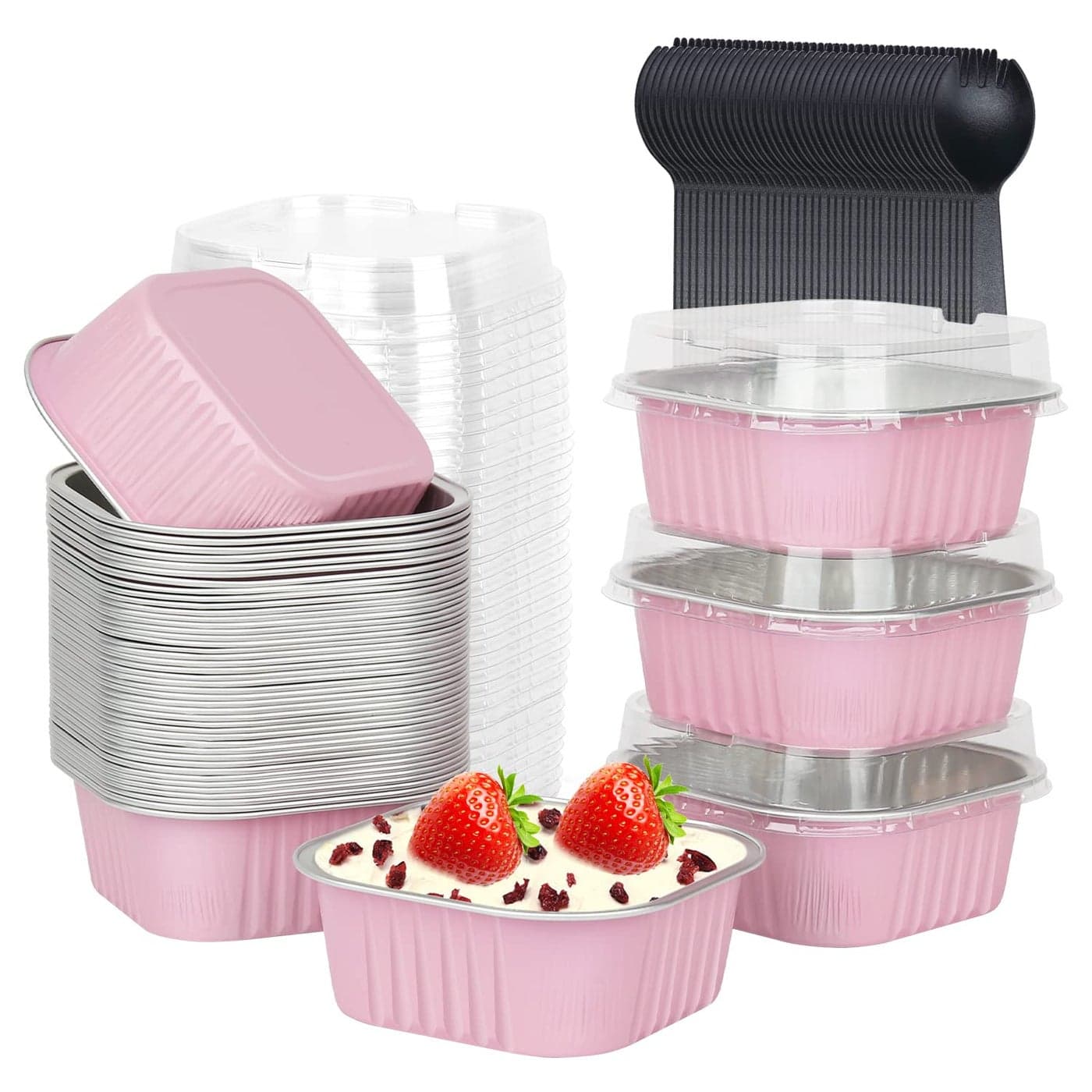 LNYZQUS 10oz Mini Cake Pans With Lids 40 Pack Aluminum Foil Square Brownie Baking CupsDisposable 4x4 Large Cupcake PanJumbo Muffin Tin Ramekins HoldersPink