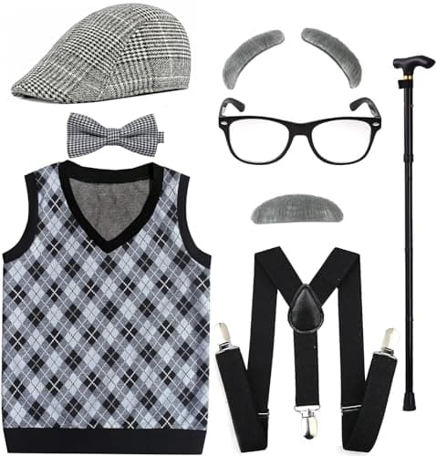 EFORLED Kids 100 Days of School Costume for Boys Halloween Old Man Costume Hat Glasses and Grandpa Vest Set for ChildLightGrey26