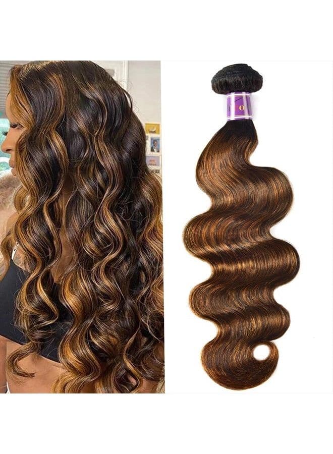 UNice Ombre Brown Highlight Body Wave Human Hair Weave 1 bundle 22 inch, Brazilian Remy Hair Dark Root Blonde Human Hair Weaves Extension Piano Color TFB30