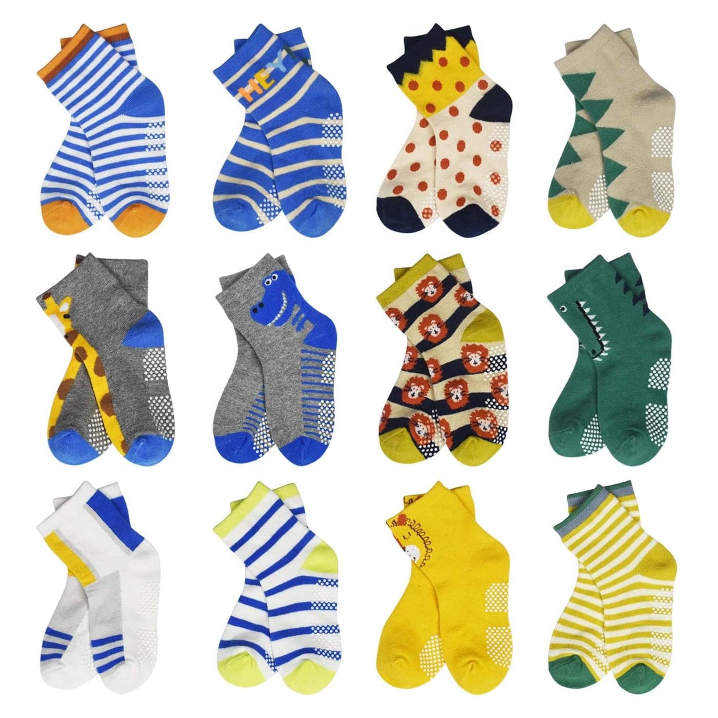 HYCLES Toddler Socks With Grip Non-Skid 12 Pairs Baby Kids Sticky Slipper Cotton Crew Socks 5-7T Children/Boy/Girl
