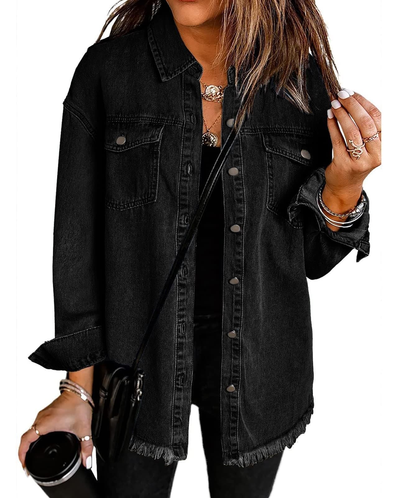 Vetinee Women's Womens Spring Jacket Oversized Boyfriend True Black Front Button Up Frayed Raw Hem Long Sleeve Pockets Denim Jean Jacket Shacket Large Size 12 Size 14