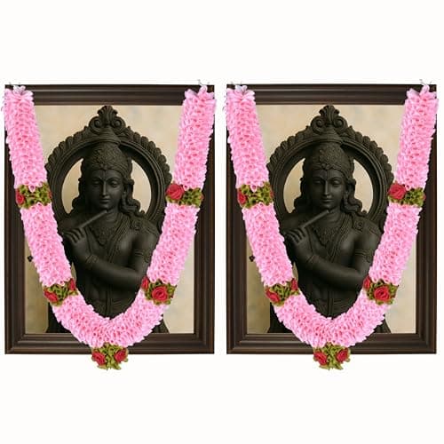 Daedal crafters Baby Pink Pack of 2, Flower Garland for Pooja Mandir Decoration, Hanging Mala for Photo Frame, Haar Mala for God Idols, Photo Frames of Loved Ones, Ancestors, Pitra (30 inch)