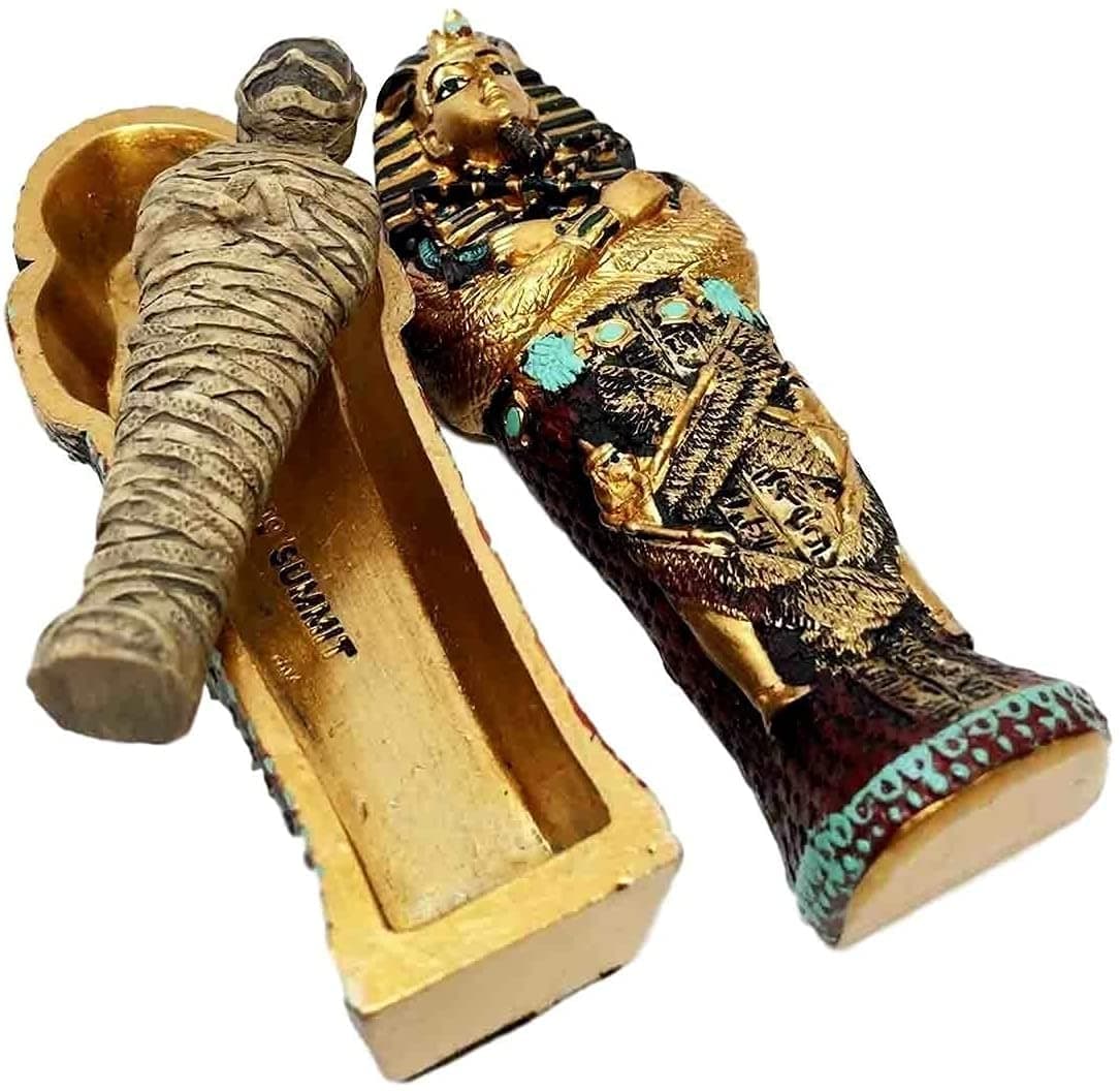 Ebros Ancient Egyptian Civilization King Tutankhamun Pharaoh with Nemes Crook and Flail Sarcophagus Coffin with Embalmed Mummy Mini Figurine 3 Piece Set 4 Long TUT Tombstone Historical Sculpture