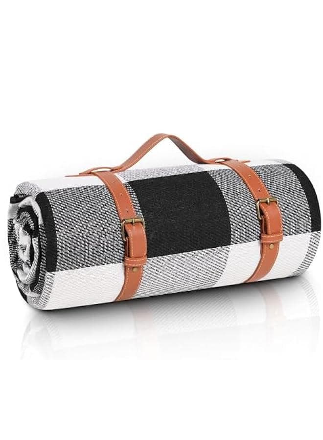 Extra Large Picnic Blanket,200x200cm,Beach Blanket Waterproof Sandproof,Camping Blanket,Gingham Picnic Blanket,Outdoor Sandproof Beach Mat for Camping Hiking Travel (White&black)