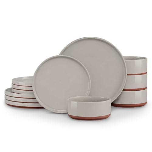 LIANYU Stoneware Dinnerware Sets Service for 4, 12 PCS Plates and Bowls Sets, Handmade Ceramic Dish Set, Highly Chip and Crack Resistant Modern Plate Set, Terra Brown