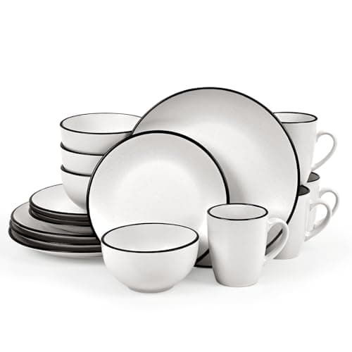 Homlouue 16 Pieces Stoneware Dinnerware Set, Speckled Ceramic Plates and Bowls Mugs Sets Service for 4, Ceramic Dishes Set, Microwave and Dishwasher Safe(White with Black Rim)