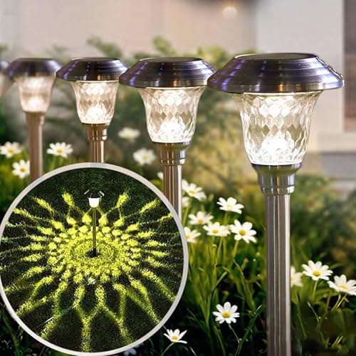 Beau Jardin 4 Pack Solar Pathway Lights Outdoor Stainless Steel Lights Solar Powered Waterproof Glass High Lumen Garden Landscape Path Yard Walkway Driveway Outside Color Changing Cool White Silver