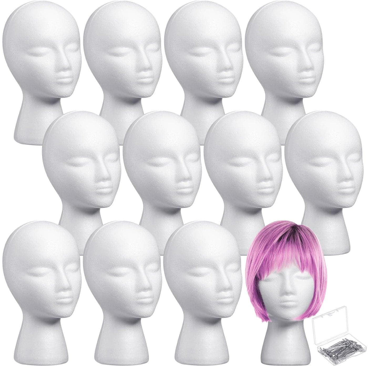 Gisafai 12 Pcs Foam Wig Head with 50 Pcs T Pins Female Foam Mannequin Wig Stand and Holder 11 Tall Cosmetics Model Head Display Hair Hats Hairpieces Display for Home Travel Salon