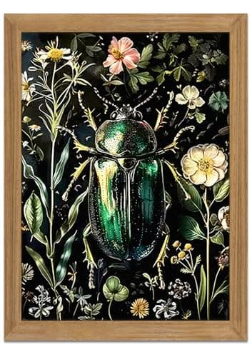 Framed Vintage 3D Textured Wall Art - Gothic Dark College Beetle Wall Decor - Hand Drawn Sandstone Nature Botanical Pictures for Living Room Bedroom Home Decor 12x16in