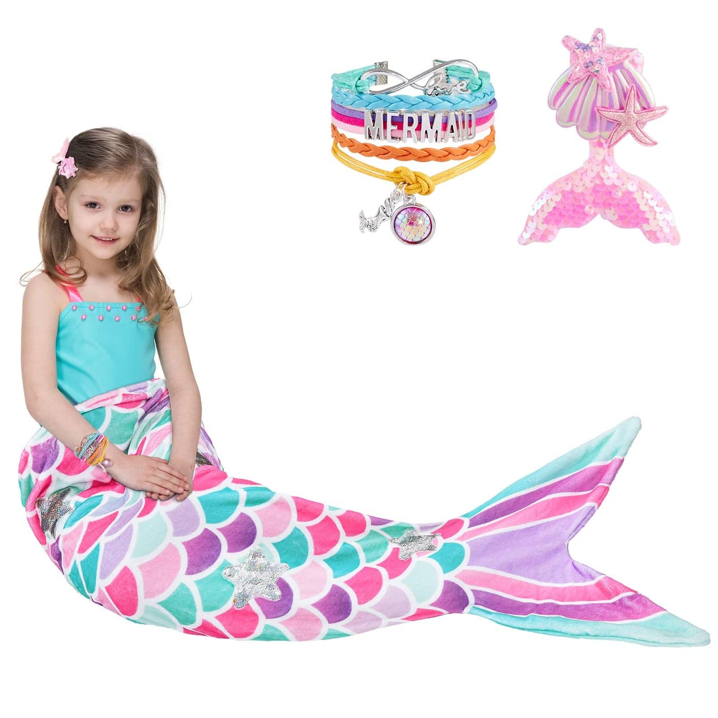 Mermaid Tail Blanket Wearable Mermaid Soft Blanket with Glitter Stars Sequin Hairpin Bracelet for Girls Teens Pink Soft Flannel Snuggle Blanket 55 x 24 Gift for Birthday Christmas