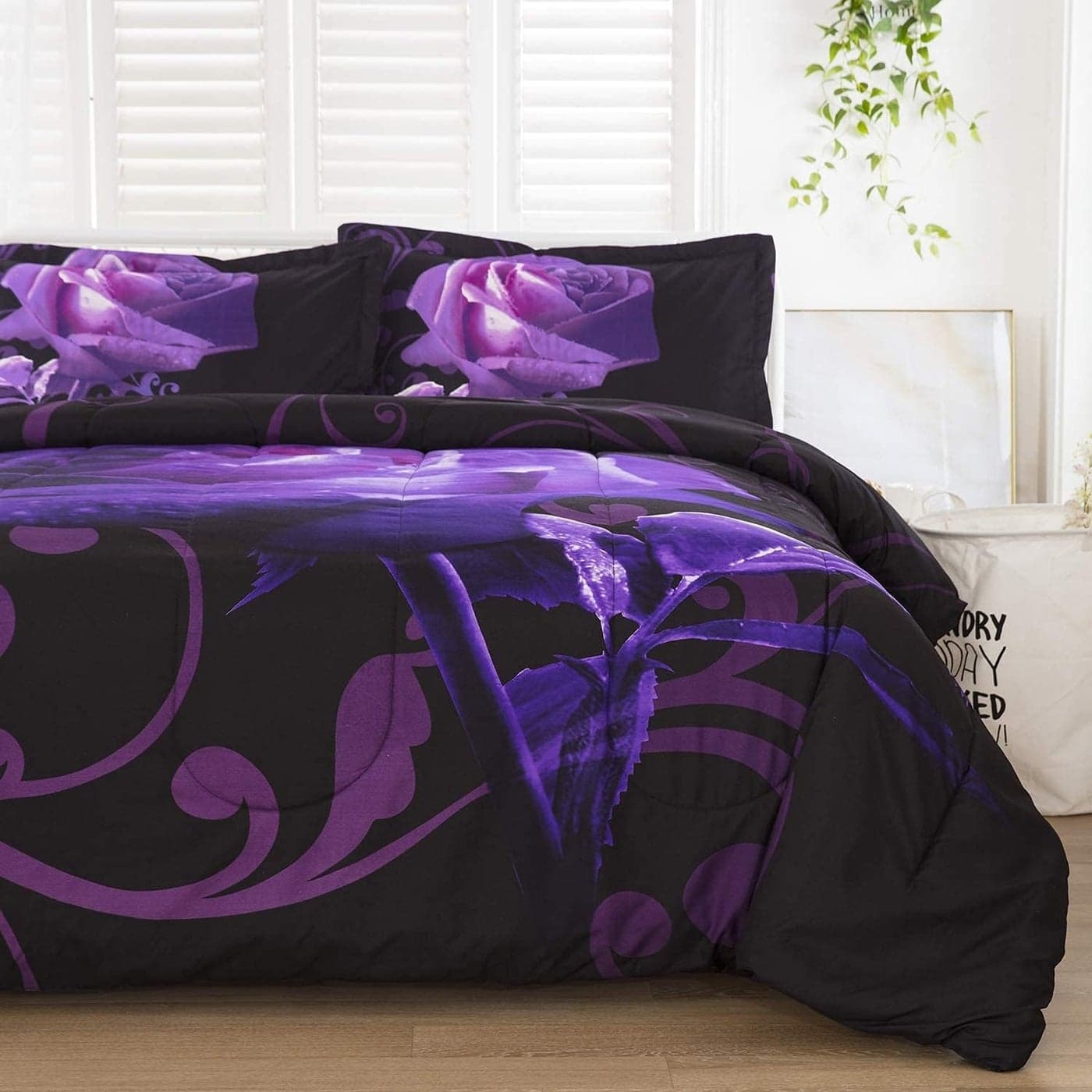 WONGS BEDDING Purple Comforter Set Full Reversible Purple Rose Pattern Bedding Comforter with 2 Pillowcases for All Seasons Soft Microfiber Bedding Set for Full Bed 90x78