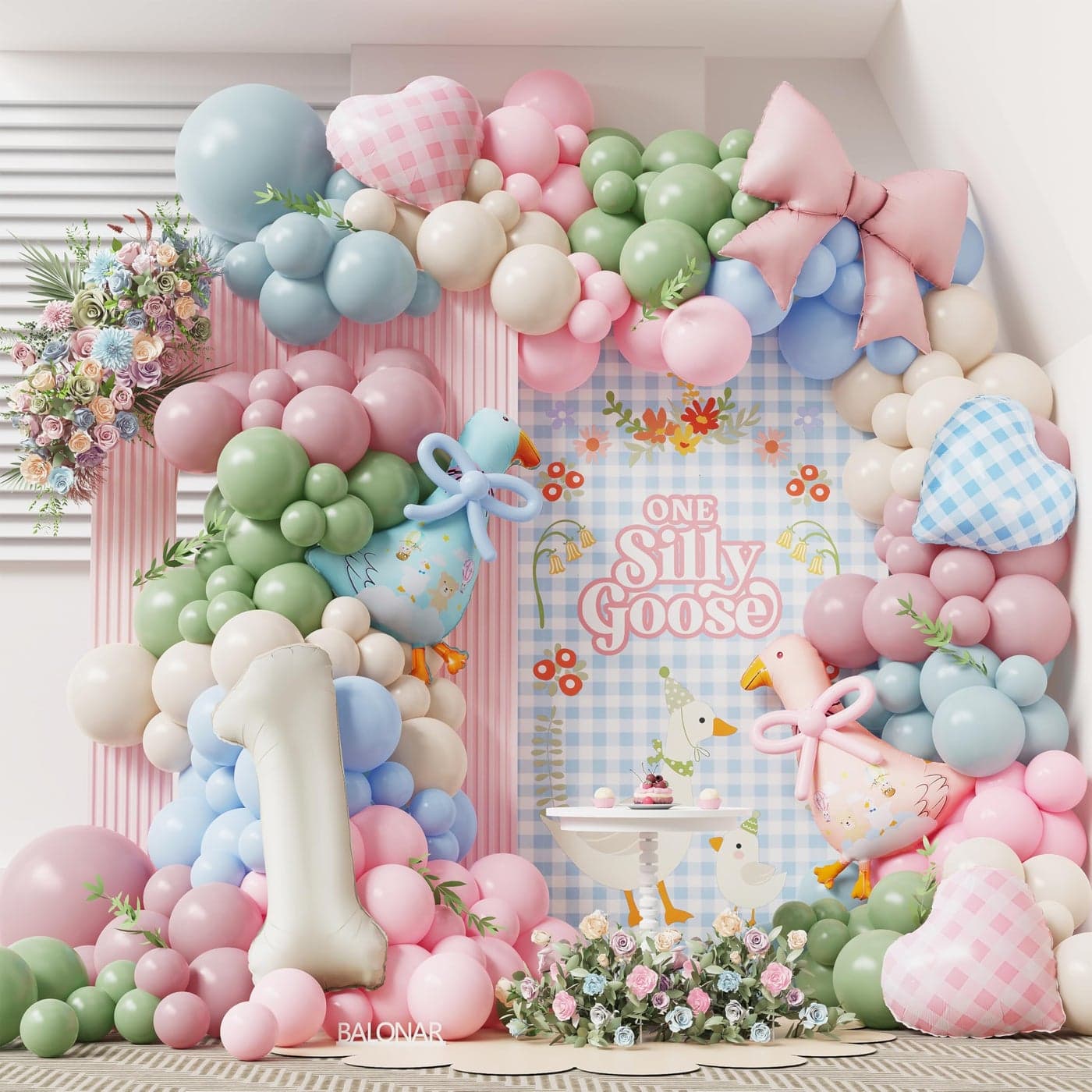 One Silly Goose Balloon Garland Balloon Arch Silly Goose Birthday Party Decorations with 165PCS Dusty Sage Green Pink Blue Latex Balloons for Girls Boy Birthday Gingham Pink Party Decor