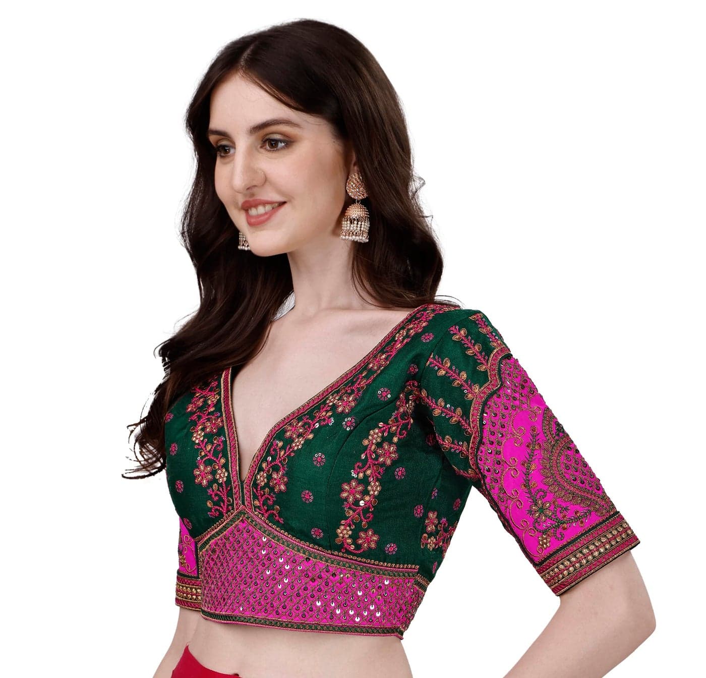 Sumaira Tex Women's Heavy Embroidery Coding with Sequins Work Half Sleeves Fancy Readymade Saree Blouse(Rajwadi Green_42)