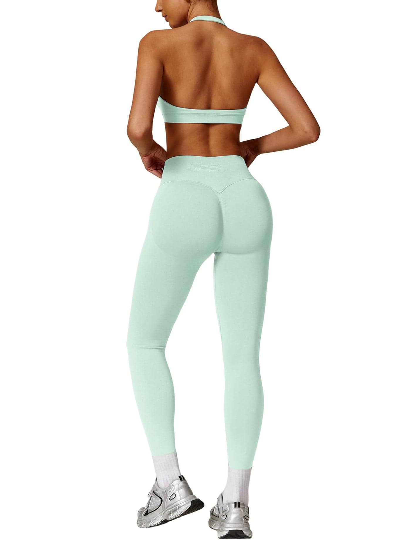 ABOCIW Workout Sets for Women Seamless High Waist Scrunch Butt Lifting Gym Leggings Yoga Pants Halter Sports Bra Yoga Exercise 2 Piece Outfits Palm Green X-Small