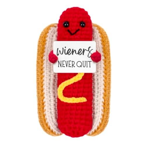 A AIFAMY Funny Positive Coffee Emotional Crochet Doll Cute Crochet Potato Partner Toy with Positive Card Cheer Up Funny Gag Gifts for Best Friend Birthday Women Teacher FallHotdog