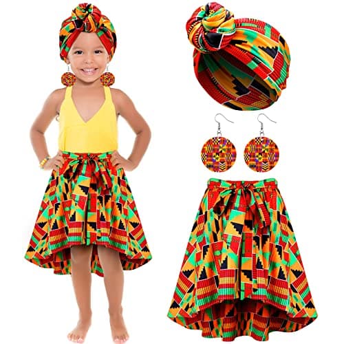Tarpop 3 Pcs Halloween Girl African Outfits Attire Maxi Dashiki Skirt Head Wrap Earring(11-12 Years)