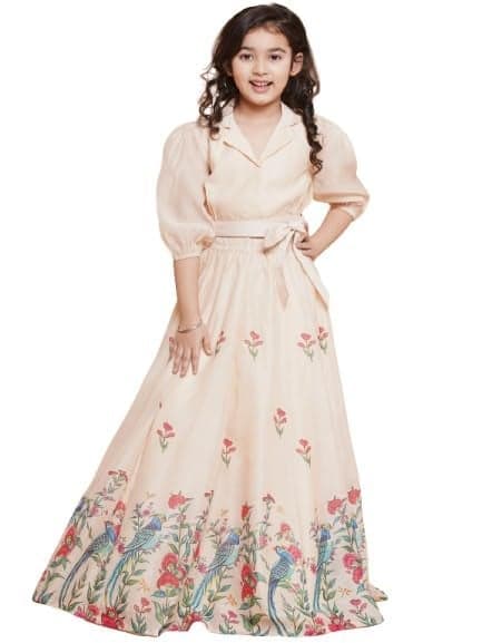 Bitiya by Bhama Girls Beige Peacock Printed Ready to wear Lehenga with Choli