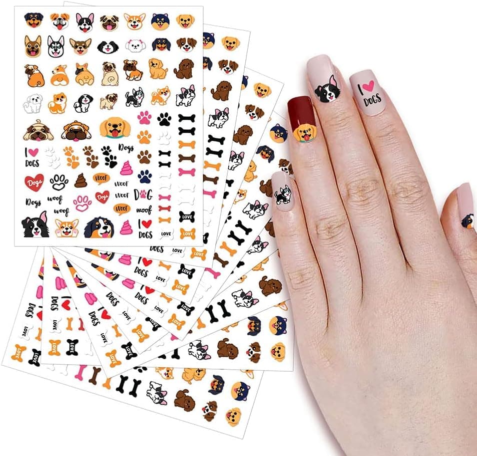 WIRESTER 8 Sheets of Nail Art Stickers Decals, Self-Adhesive Nail Decals for Women Kids Girls Nails Decorations - Dogs (Cute Dog Face, Lovely Dog, Dog Paws, Bones, Woof, Heart)