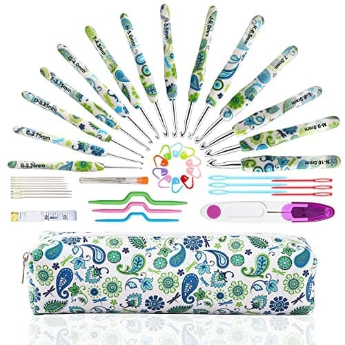 Looen Crochet Hooks Set 14 Sizes 225mmB10mmN Ergonomic Handle for Arthritic Hands Soft Rubber Grip Knitting Needles Kit for Crochet Beginners Knitting EnthusiastsGreen