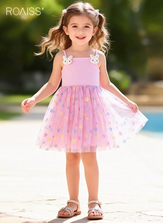 Girls Tulle Dress with Lining, Floral Camisole Dress for Girls, Stylish Chic Frock with 3D Rabbit Decoration, Suitable for Daily Wear, Birthday Parties or Any Occasion