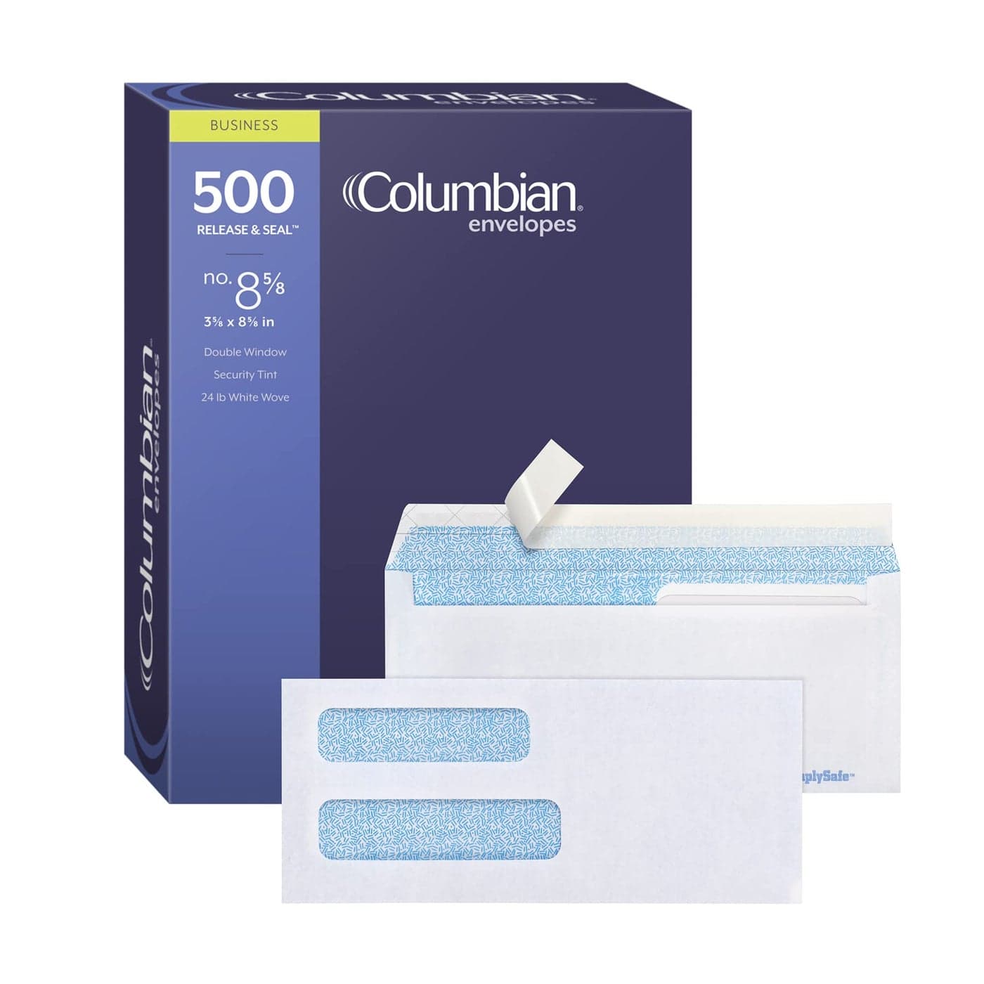 Columbian 8 58 Security Envelopes 500Box Double Window 358 x 858 Release Seal Self Seal SimplySafe Tamper Evident White COLO156