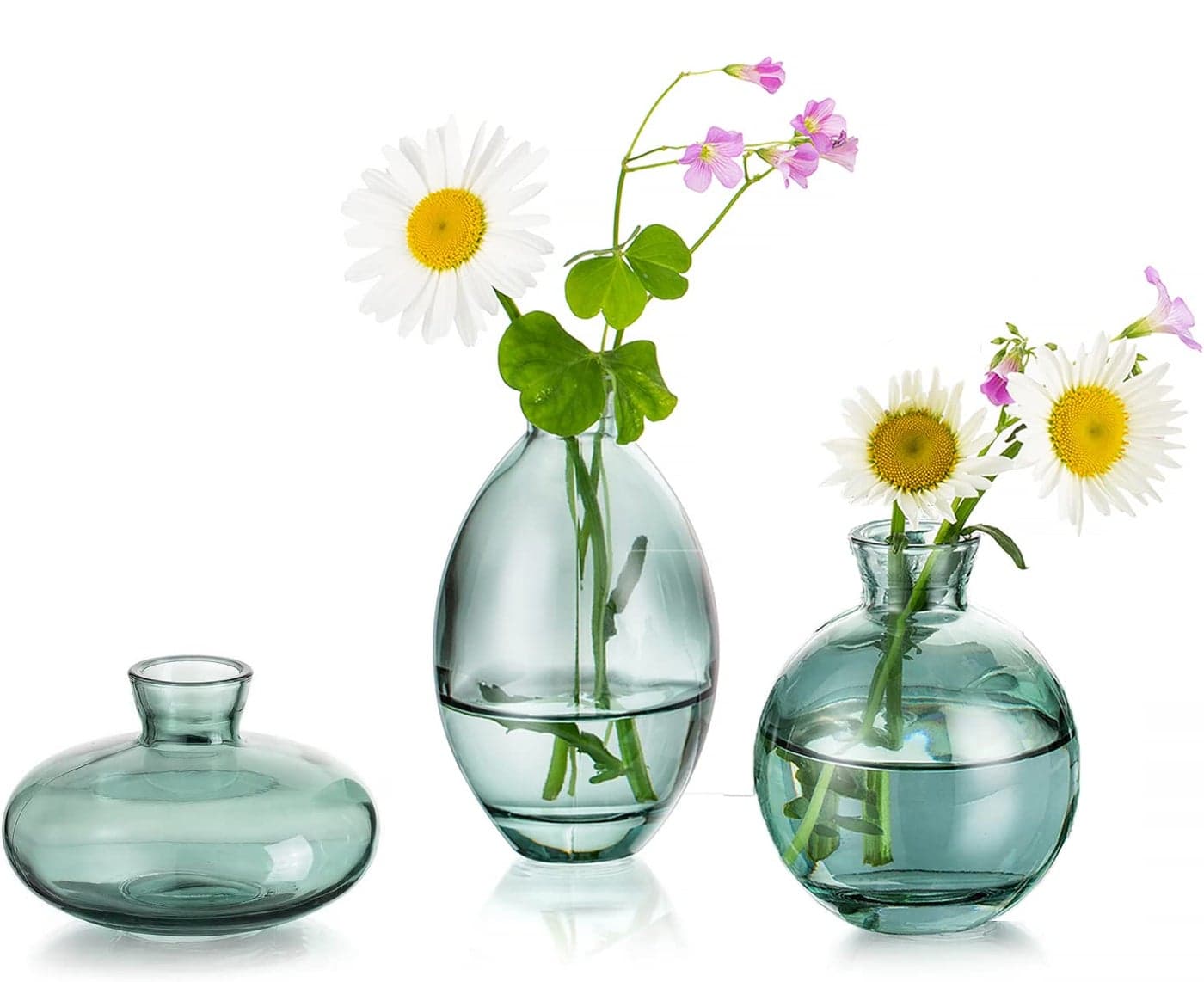 Glass Bud Vases Set of 3 Hewory Cute Green Small Vases Handmade Mini Glass Flower Vase for Floral Arrangements Tiny Centerpiece for Home Office Wedding Party Events Table Decor Not Include Flower