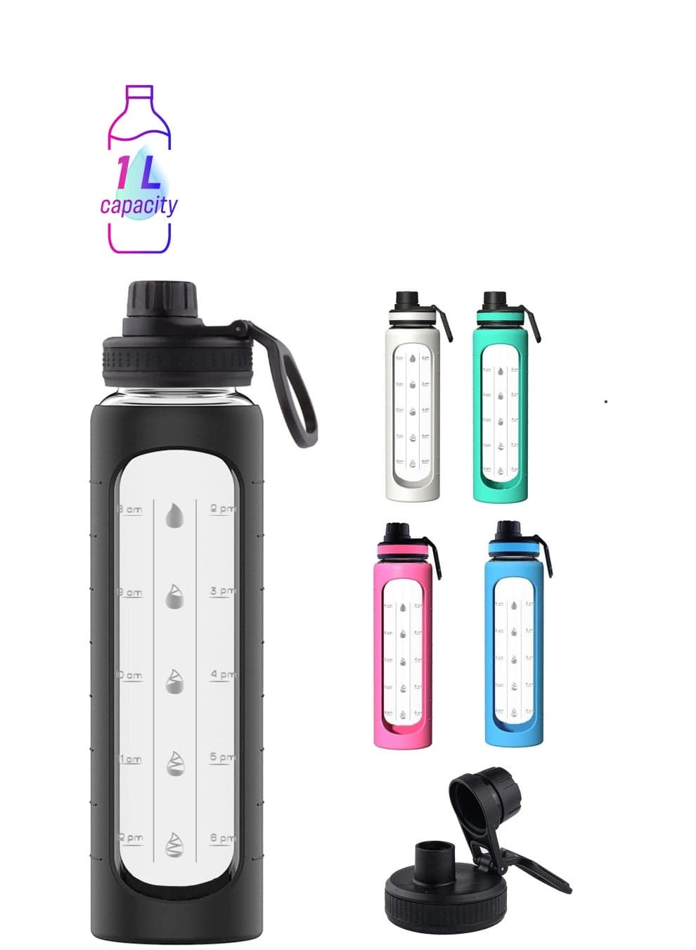 32 oz Glass Water Bottle with Time Marks and Silicone Sleeve - Flip Lid, Motivational Bottles for Hydration, Reusable, Wide Mouth, Leakproof, 1 Liter Drinking Bottle, BPA Free