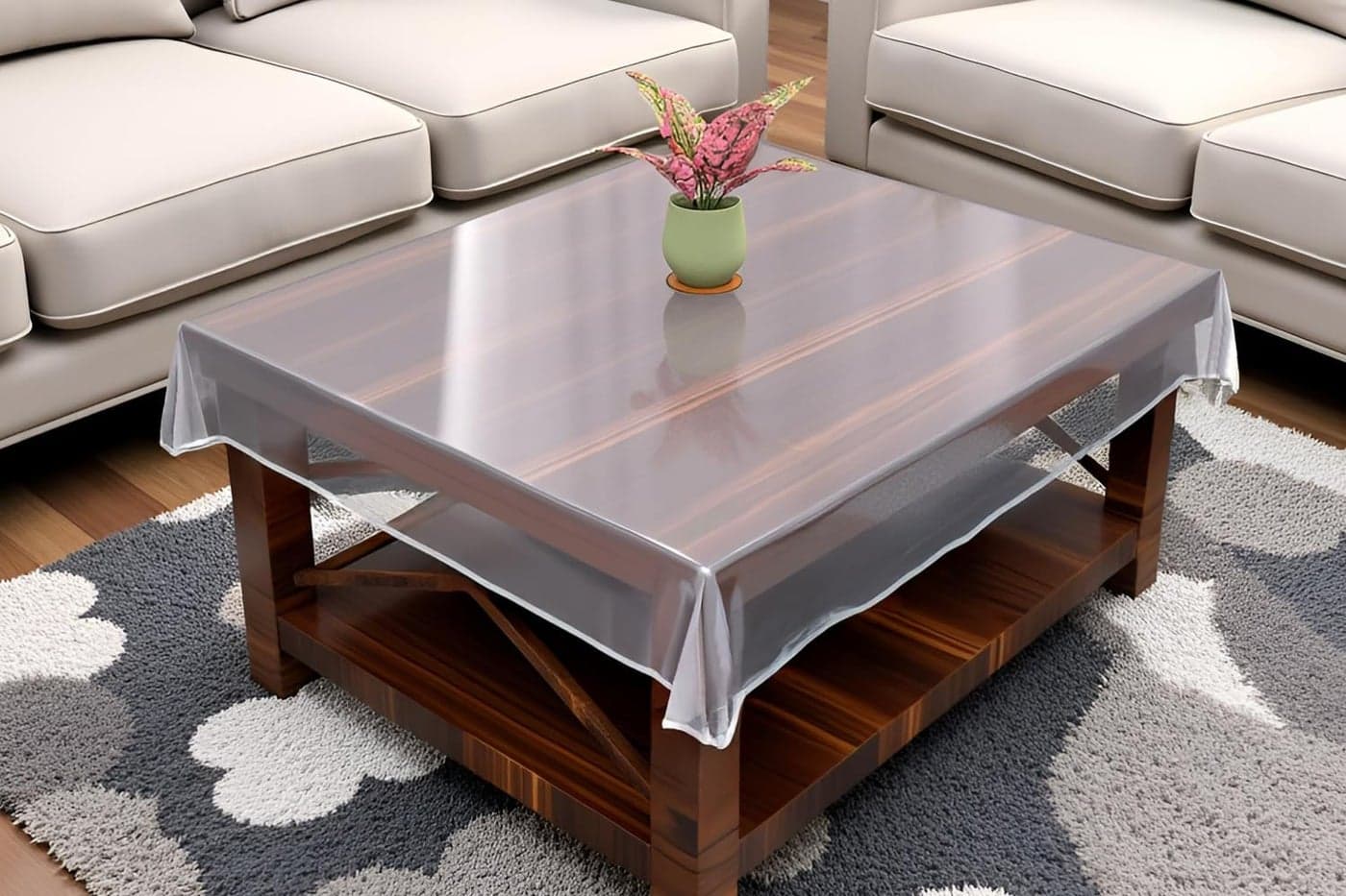 The Furnishing Tree Square Shaped Center Transparent Table Cover Size 42x42 inches 0.15 mm Thickness with Silver Lace