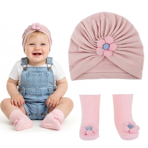 SNOWIE SOFT® Mom's Darling 2 Set Caps for New Born and baby Socks Set 0 to 6 Months, Cute Soft Cotton Winter Wear for New Born Baby Shower Gifts for Mom to Be Stretchy Pre-tied Warm Essential Gift