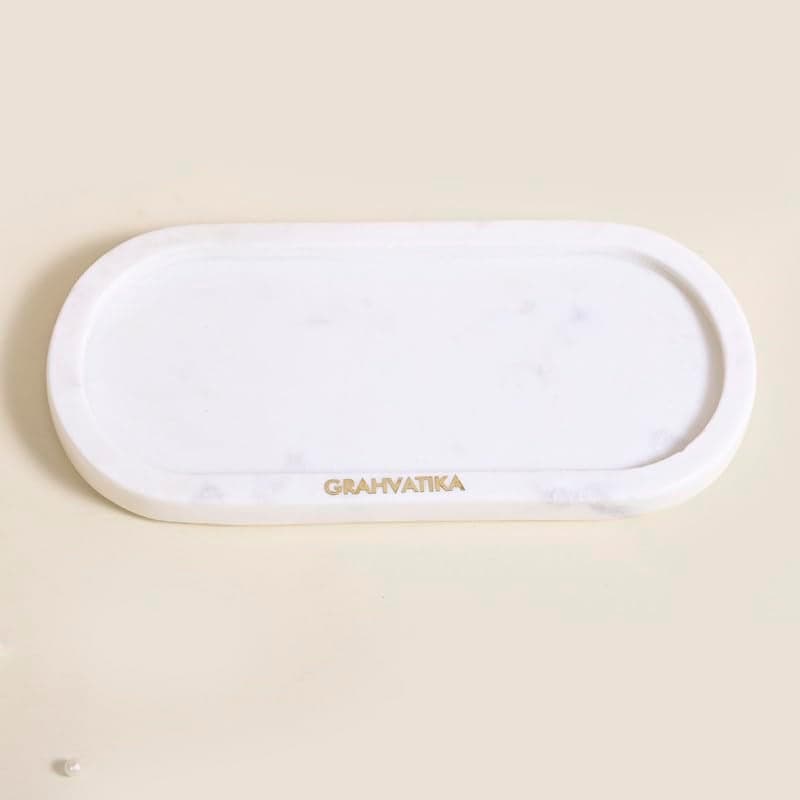 Grahvatika Oval Shape White Marble Tray for Bathroom Kitchen Serving Dining Table Decoration and Gift Vanity Tray