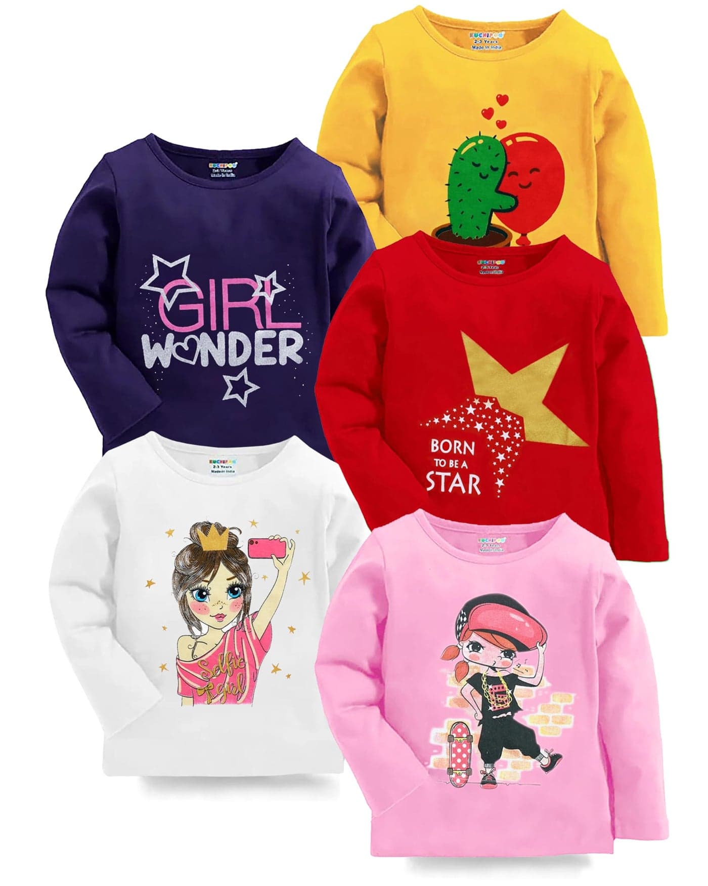 Kuchipoo Girls Regular Fit Cotton Blend T-Shirt - Combo of 5, Multicolored (KUC-TSHRT-130) (13-14 Years)