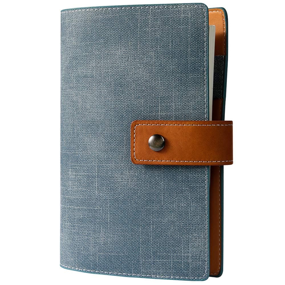 CAGIE A6 Refillable Faux Leather Traveler Notebook Binder Journals 6 Ring Binder Personal Organizer Travel Diary for Women Men Lined Grid Blank Paper with Calendar Denim Blue